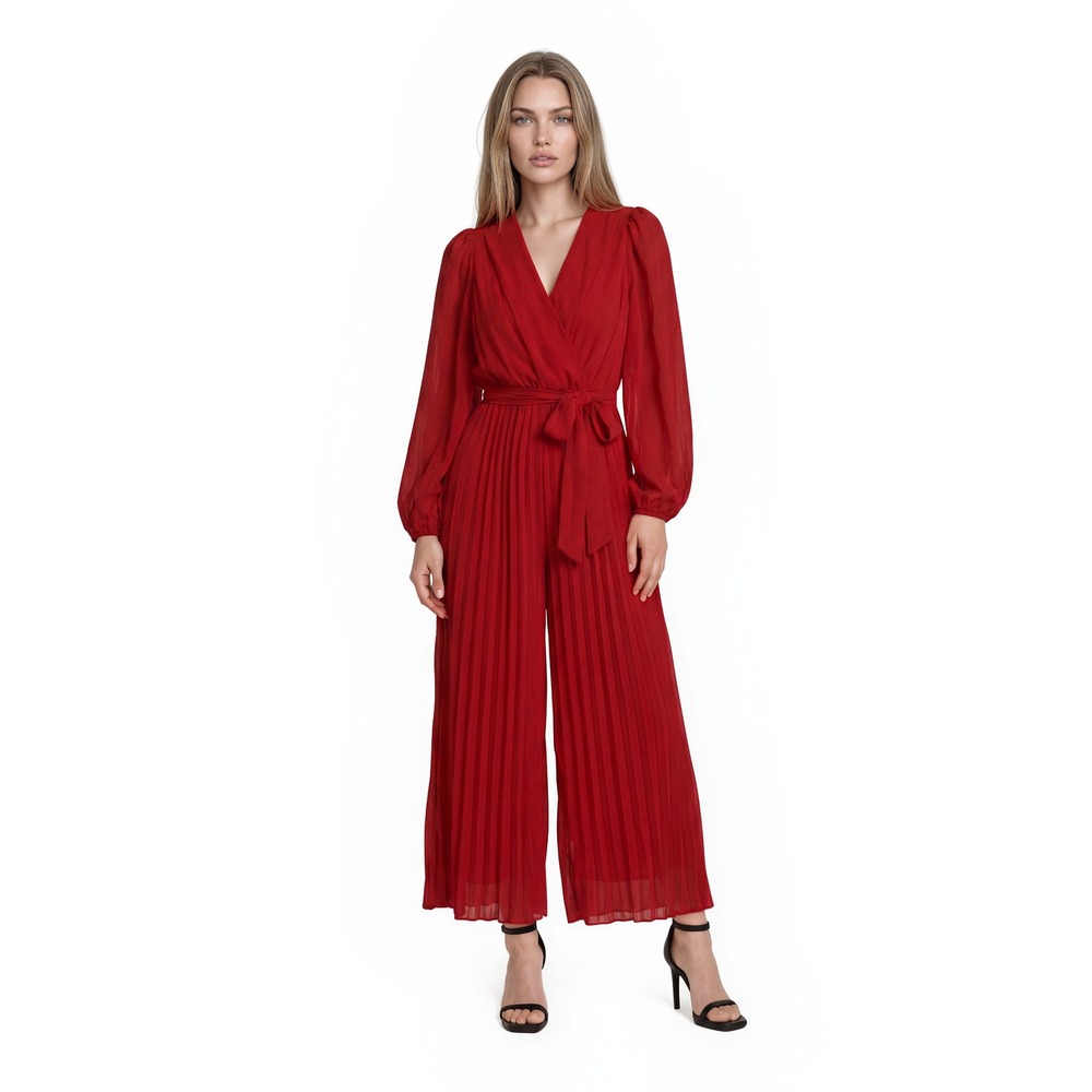 NEW Boston Proper Jumpsuit Women's Size 16 Red Pleated Wide Leg Belted